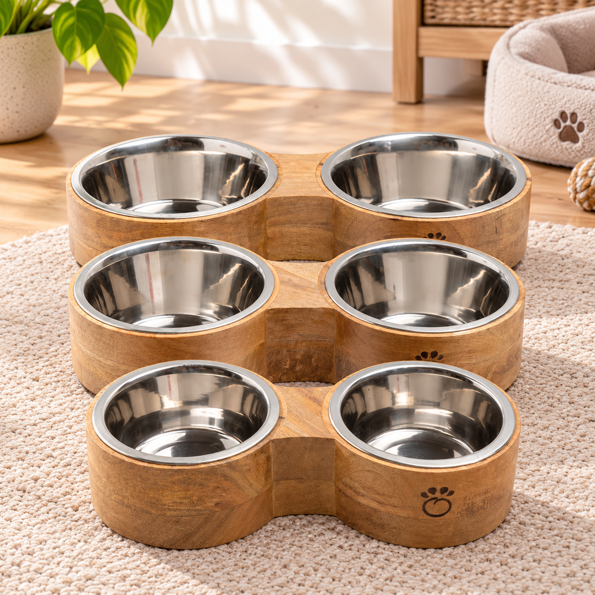 Elevated Mango Wood Double Pet Bowl
