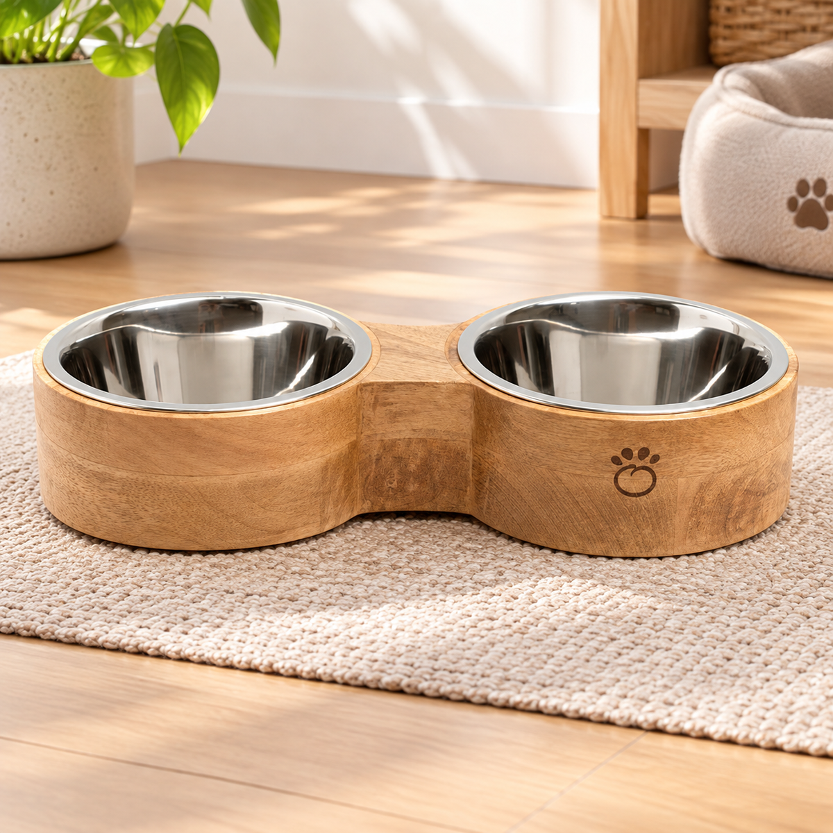 Elevated Mango Wood Double Pet Bowl