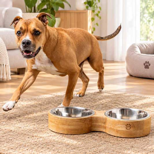 Elevated Mango Wood Double Pet Bowl