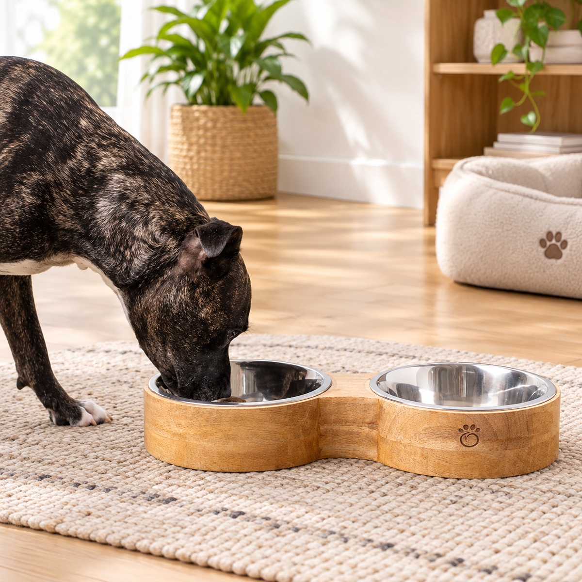 Elevated Mango Wood Double Pet Bowl