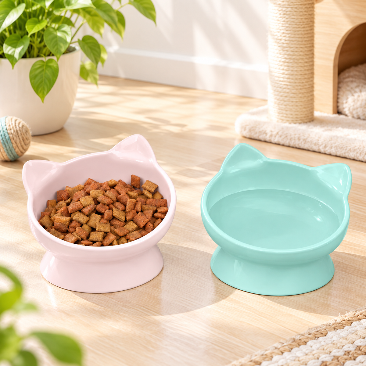 Kawaii Raised Cat Bowl Set