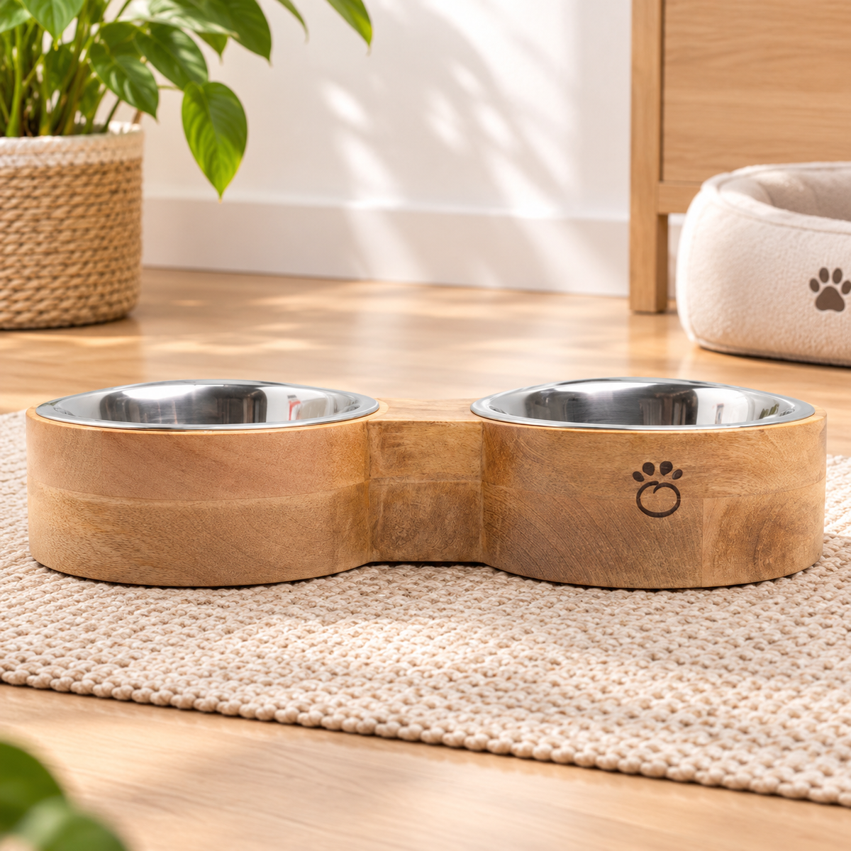 Elevated Mango Wood Double Pet Bowl