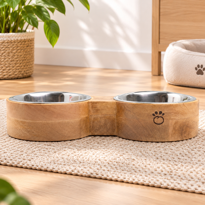 Elevated Mango Wood Double Pet Bowl