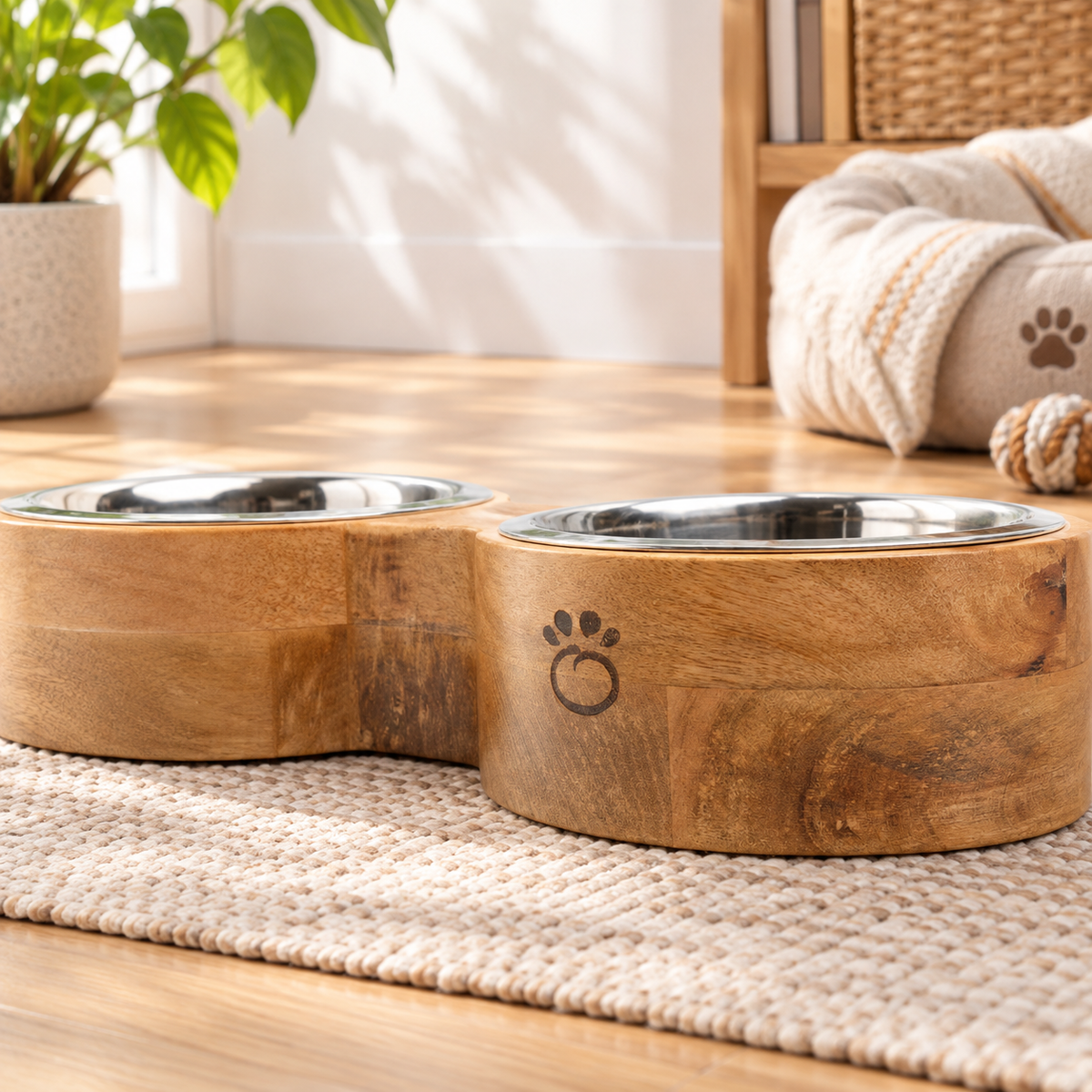 Elevated Mango Wood Double Pet Bowl