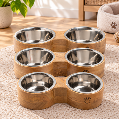 Elevated Mango Wood Double Pet Bowl